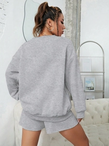 Grey crewneck sweatshirt and shorts set with heart print and loose oversized fit