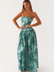 Women Bohemian Strapless Maxi Dress Vintage Floral Polka Dot Print Tube Top Long Dress Summer Vacation Beach Backless Sundress