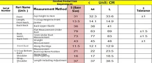 Detailed size chart for floral mesh camisole top featuring S, M, L measurements in CM