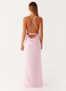 Detail view of pink satin maxi dress featuring elegant cowl back and crisscross straps