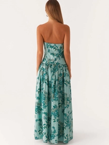 Bohemian strapless tube maxi dress with green floral print and high waist detail