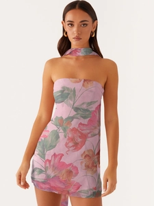 Trägerloses figurbetontes Minikleid mit Blumenmuster in Rosa und passendem Choker