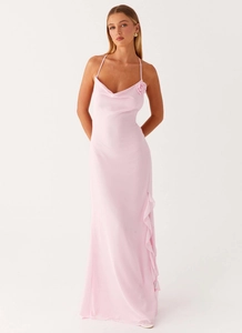 Detailed pink cowl neck maxi dress with 3D flower decoration and side ruffle slit
