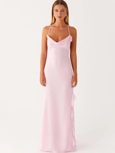 Women Satin Cowl Neck Maxi Dress With 3D Flower High Slit Ruffle Backless Sexy Sleeveless Cami Long Dress For Evening Party