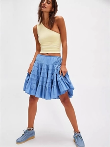 Women Casual Bohemian Tiered Cake Mini Skirt High Waist Ruffle A-Line Skirt With Tassel Drawstring Summer Beach Party Skirt