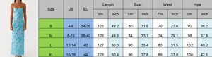 Size chart for halter sequin dress with US/EU measurements for bust waist and hips
