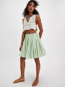 Summer sage green tiered mini skirt with elastic waist and layered ruffle design for women