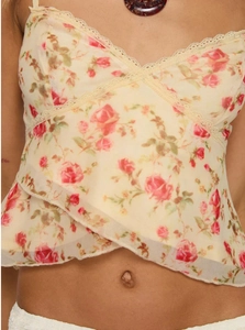 French style floral mesh camisole with lace trim and irregular hem in soft cream yellow
