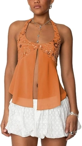 Detail of orange sequined halter top with deep V-neckline and intricate beadwork