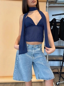 Damen Sexy Halter V-Ausschnitt Polka Dot Leopardenmuster Rückenfrei Schnürung Camisole Top Mit Schal Sommer Mode Ärmellos Top