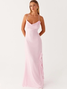 Pink cowl neck maxi dress with 3D rose decoration and slit, elegant backless style