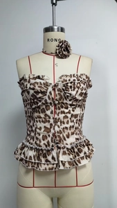 Detail of leopard print tube top featuring front buttons and tiered ruffle hemline