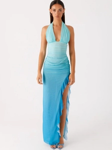 Women Sexy Halter V Neck Ruched Maxi Dress Backless Ruffle Slit Floral Print Mesh Summer Party Vacation Long Beach Dress