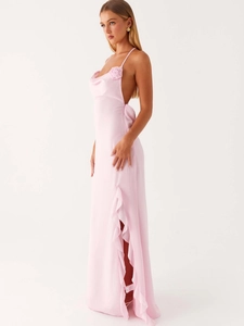 Pale pink sleeveless backless satin maxi dress with floral detail and side slit