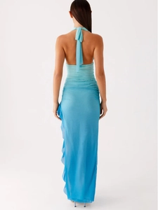 Elegant lake blue halter neck maxi dress with ruffled slit and slim fit silhouette
