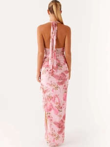 Pink floral halter-neck backless maxi dress with ruched details and split hem
