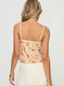 French style floral mesh camisole with pink rose pattern and lace trim from back view