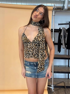 Sexy Neckholder-Top mit Leopardenmuster, V-Ausschnitt und passendem Halsband