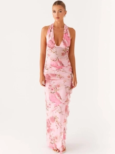 Floral halter V-neck maxi dress with ruffles and side slit in light pink chiffon