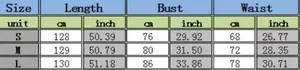 Detailed size chart for lace hollow print dress showing S, M, L dimensions in cm and inches