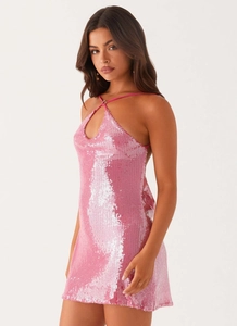 Detailed view of pink sequin halter mini dress with metallic ring and teardrop cutout