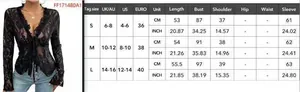 Detailed size chart for women's lace cardigan with measurements in cm and inches