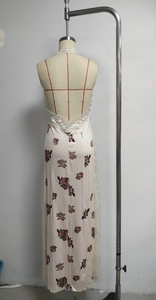 Detailed back view of a backless floral maxi dress with white lace embroidery trim