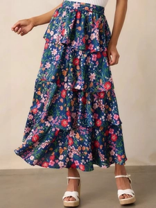 Navy blue floral layered maxi skirt with high elastic waist and tiered ruffle design