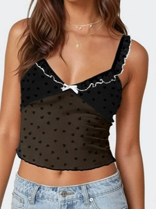 Caraco moulant à col en V dentelle pour femme avec motif jacquard cœur et nœud