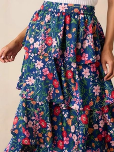 High-waisted navy floral tiered maxi skirt with layered ruffles and elastic waistband