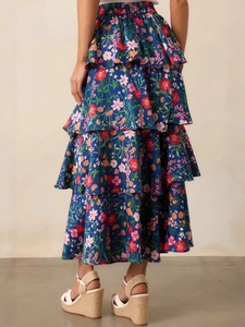 Summer navy blue floral tiered maxi skirt with pleated layers and elastic high waist