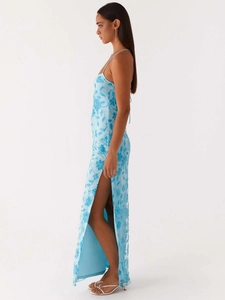 Sky blue sequin embroidered halter neck maxi dress with high side slit and slim fit