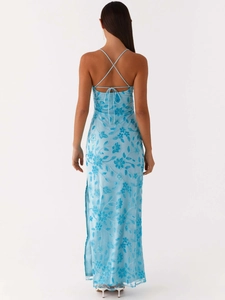 Sexy light blue sequin floral embroidery halter maxi dress with backless slit design