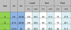Tableau des tailles pour robe longue fleurie dos nu avec mesures pour S, M et L