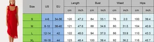 Comprehensive size chart for red sleeveless chiffon dress with US and EU measurements