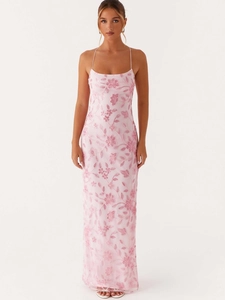 Pink sequin floral embroidery halter dress with high slit and backless slim fit design