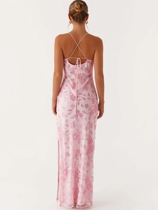 Pink sequin floral embroidery halter maxi dress with backless design and high side slit
