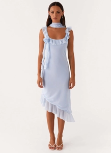 Detail of light blue slim fit dress featuring ruffle neckline and fabric rose detail