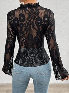 Back view of a black floral lace top with ruffled high neck and long sheer sleeves