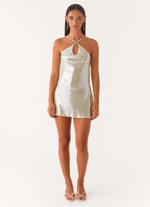 Detailed view of sparkly sequin halter mini dress featuring a teardrop cutout and thin straps