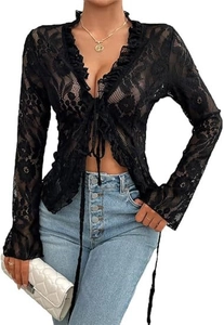 Detail of sheer black floral lace cardigan with ruffle trim and front tie closure