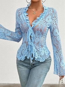 Light blue floral lace tie-front top with long ruffled sleeves and mesh detail