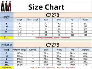 Detailed size chart for C7278 elegant long dress including measurements from S to XXL