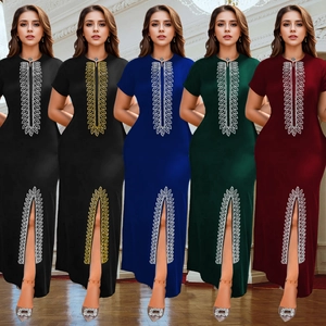 Robe Maxi Élégante pour Femmes avec Strass Coupe Slim Fente Haute Bodycon Robe de Soirée Manches Courtes Col Rond Couleur Unie