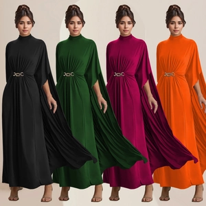 Elegantes Damen Maxikleid Mit Umhangärmeln Hochgeschlossen Taillenschnalle Formelles Abendpartykleid Einfarbig