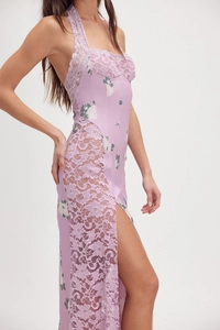 Detail of lilac floral dress showing side lace panels and high slit satin texture