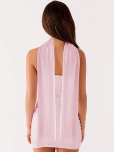 Robe mini dos nu rose avec longs rubans et design moulant drapé pour femmes