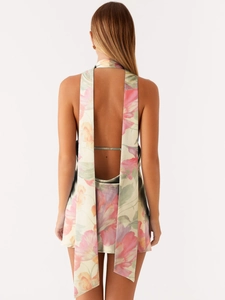 Sexy backless halter floral mini dress with long decorative ties and vibrant flower print