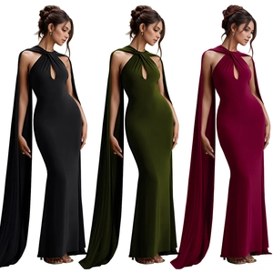 Elegant sleeveless maxi dress with twisted halter neck and shoulder capes in three colors