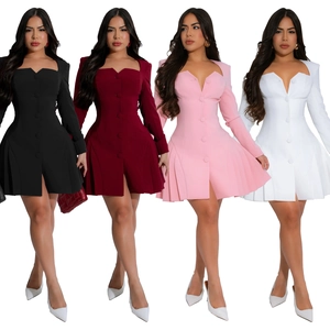 Elegant deep V-neck long sleeve pleated mini dress available in four solid colors